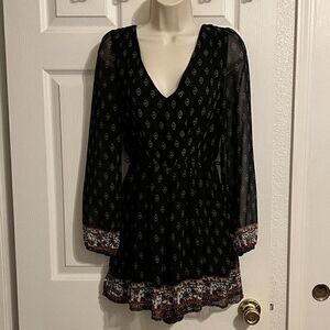 Poetry Black Boho Pattern Romper with Sheer Sleeves Size Small